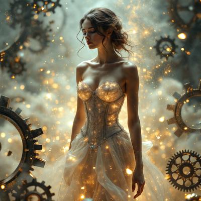 The primary subject of the image is a woman wearing a white dress, standing in front of a backdrop of clocks. The setting appears to be a futuristic or fantasy-inspired environment. The visual style of the image is digital art, as it features a woman with a glowing dress and clocks as the main elements. The colors and mood of the image are predominantly white and gold, creating a sense of elegance and sophistication.